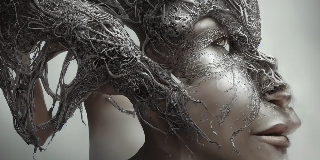 Image similar to realistic photography of a beautiful cyborg androgynous humanoid, holding close, in liquid, intricate filigree, in the style of beth cavener, jin kagetsu, wlop, highly detailed, symmetry, masterpiece, concept art, ringflash, highkey lighting, ambient lighting, octane render, 8 k, artstation