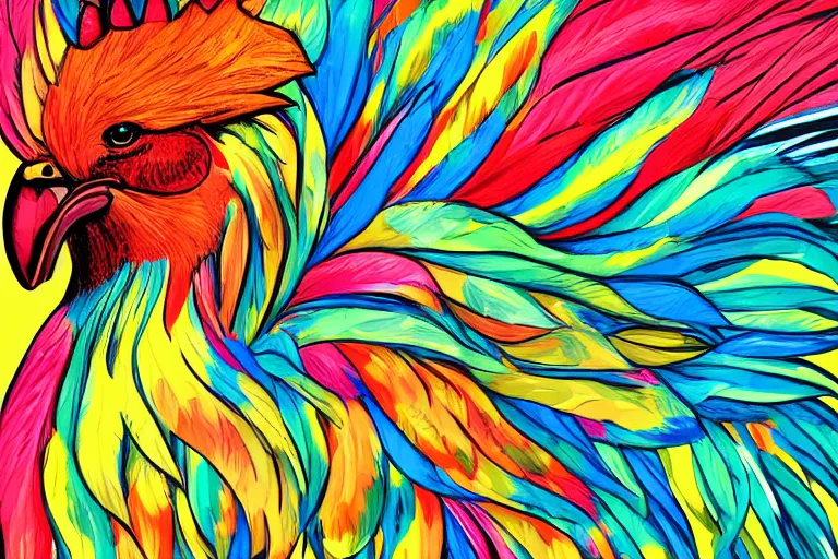 Image similar to illustration of a rooster with feathers of many colors, by liam cobb, lively colors, portrait, sharp focus, colored feathers