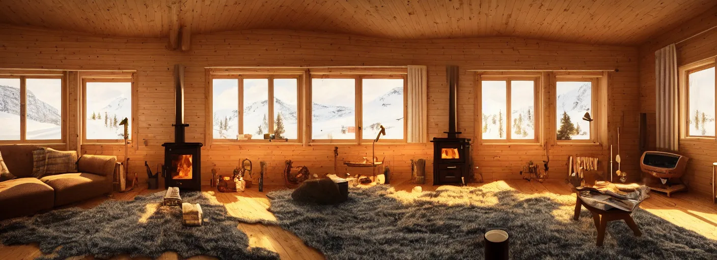 Prompt: The living room of a cozy large modern Norwegian cabin in midwinter with a warm wood stove, warm light, snow outside the windows, low ceiling, digital art, extremely detailed, in the style of Wes Anderson and Miyazaki, beautiful, 4k, trending on Artstation