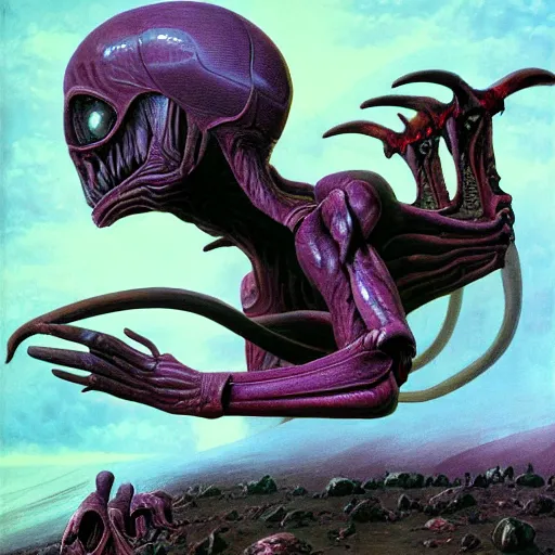 Image similar to painting of an alien spaceship made of flesh and exoskeleton, in the style of wayne barlowe