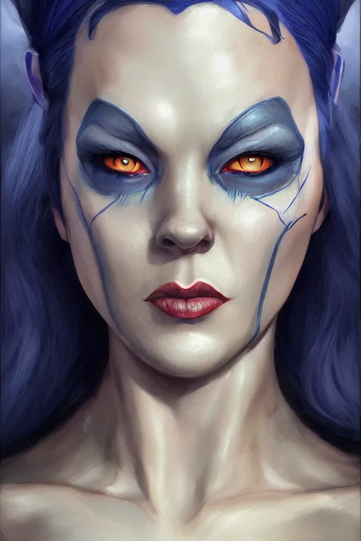 Image similar to shirley ann manson as a dark blue skinned tiefling, d & d, fantasy, portrait, highly detailed, headshot, digital painting, trending on artstation, concept art, sharp focus, illustration, art by artgerm and greg rutkowski and magali villeneuve