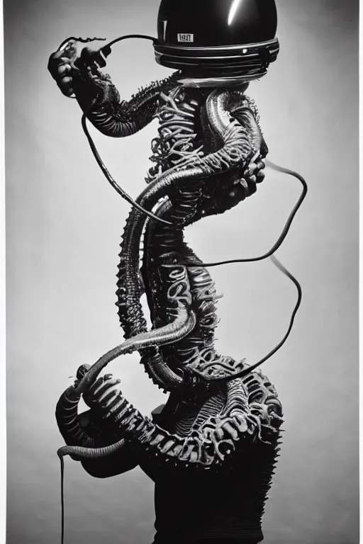 Image similar to extremely detailed studio portrait of space astronaut, alien tentacle protruding from eyes and mouth, slimy tentacle breaking through helmet visor, shattered visor, full body, soft light, plain studio background, disturbing, shocking realization, award winning photo by philippe halsman