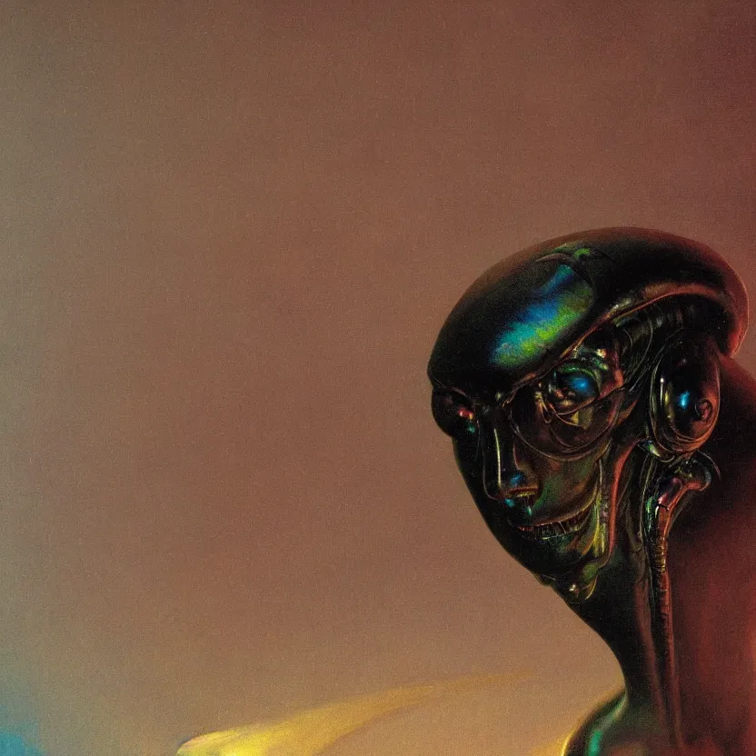Prompt: a neoclassicist close - up portrait of an insect entity with surrealist features. iridescent reflective alien technology. foggy black background. highly detailed science fiction painting by norman rockwell, frank frazetta, syd mead and moebius. rich colors, high contrast, gloomy atmosphere, dark background. trending on artstation.
