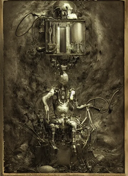 Image similar to old wetplate daguerreotype birth of a cyborg in times of eternal summoning, fractal, intricate, elegant, highly detailed, parallax, leica, medium format, subsurface scattering, by jheronimus bosch and greg rutkowski and louis jacques mande daguerre