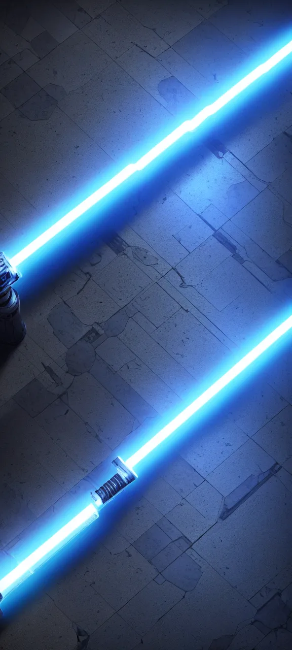 Prompt: detailed cinematic render, of a blue cyberpunk lightsaber lying vertically on a detailed abandoned shrine floor, in a dark room, photo from above, octane render 8 k, digital art, lightsaber wallpaper 4 k, ray tracing, jedi fallen order lightsaber wallpaper 4 k, cal kestis lightsaber wallpaper