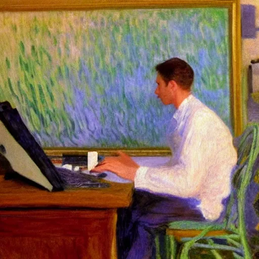 Prompt: monet painting of a skinny man playing warzone on a computer, a soccer game is on the tv behind him, highly detailed, realistic,