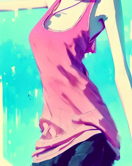 Image similar to a ultradetailed beautiful painting of a stylish woman in a pink tank top, by conrad roset, greg rutkowski and makoto shinkai trending on artstation