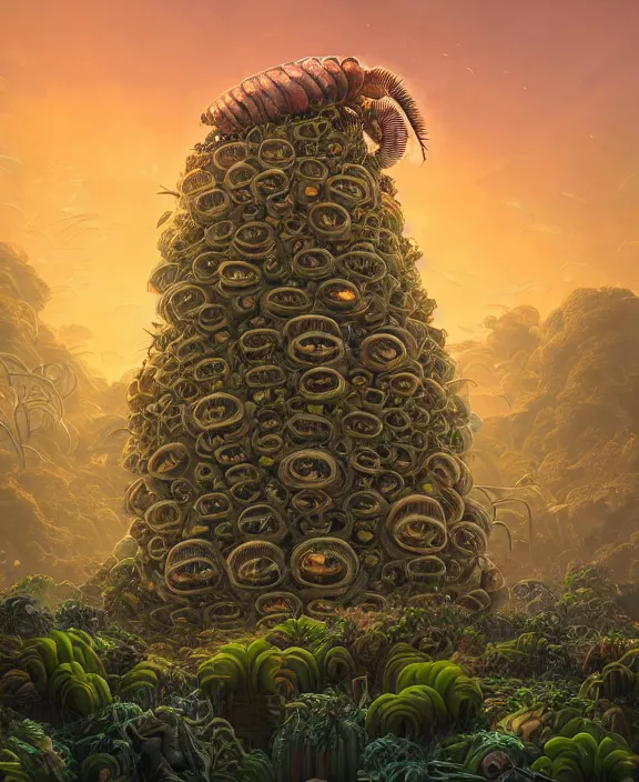 Prompt: a giant weird industrial plant hive made out of isopod nautilus, in the style of a massive exotic fungus, overgrown with disturbing orchids, sunset, partly cloudy, somber, dramatic lighting, by dan mumford, yusuke murata, makoto shinkai, ross tran, cinematic, unreal engine, cel shaded, featured on artstation, pixiv