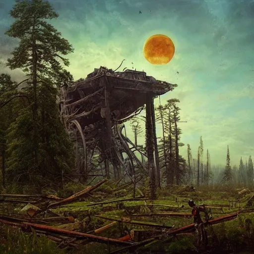 Prompt: a ivan shishkin and simon stalenhag photo of a ruined building under an enormous robot, the sky is cloudy. the moon is full.