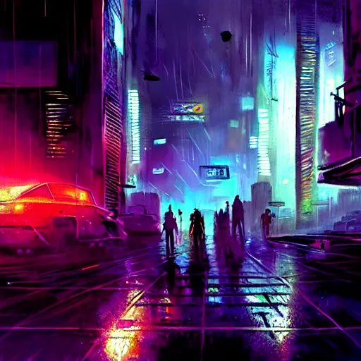 Image similar to photo of a rundown futuristic city scene at night with neon lights, raining, sci fi splash art by craig mullins, greg rutkowski