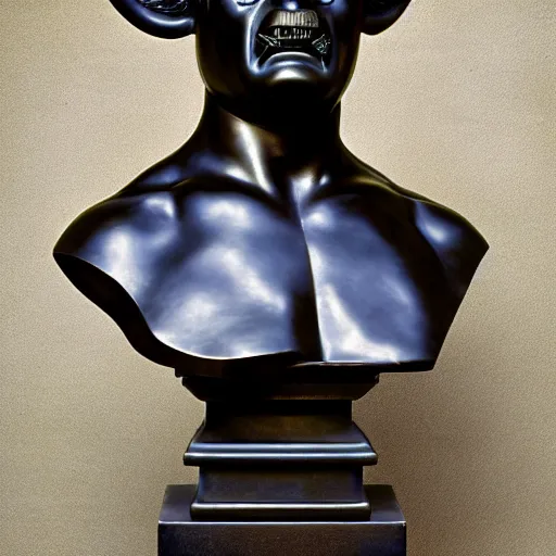 Prompt: professional color photograph of a patinated bronze portrait bust of an angry bull supported by a bronze plinth, by Auguste Rodin, Jean-Leon Gerome