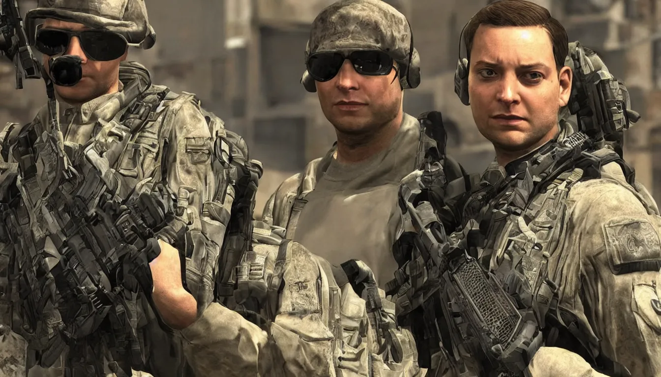 Image similar to Tobey Maguire in Call Of Duty, in-game screenshot, stunning screenshot, epic, intricate, accurate, cool, trending,