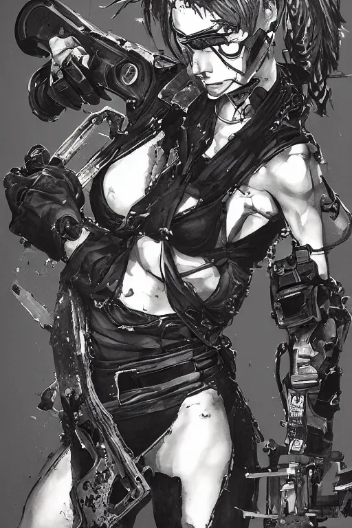 Prompt: a beautiful drawing of an attractive woman wielding a chainsaw, highly detailed, by yoji shinkawa, featured on artstation, body shot