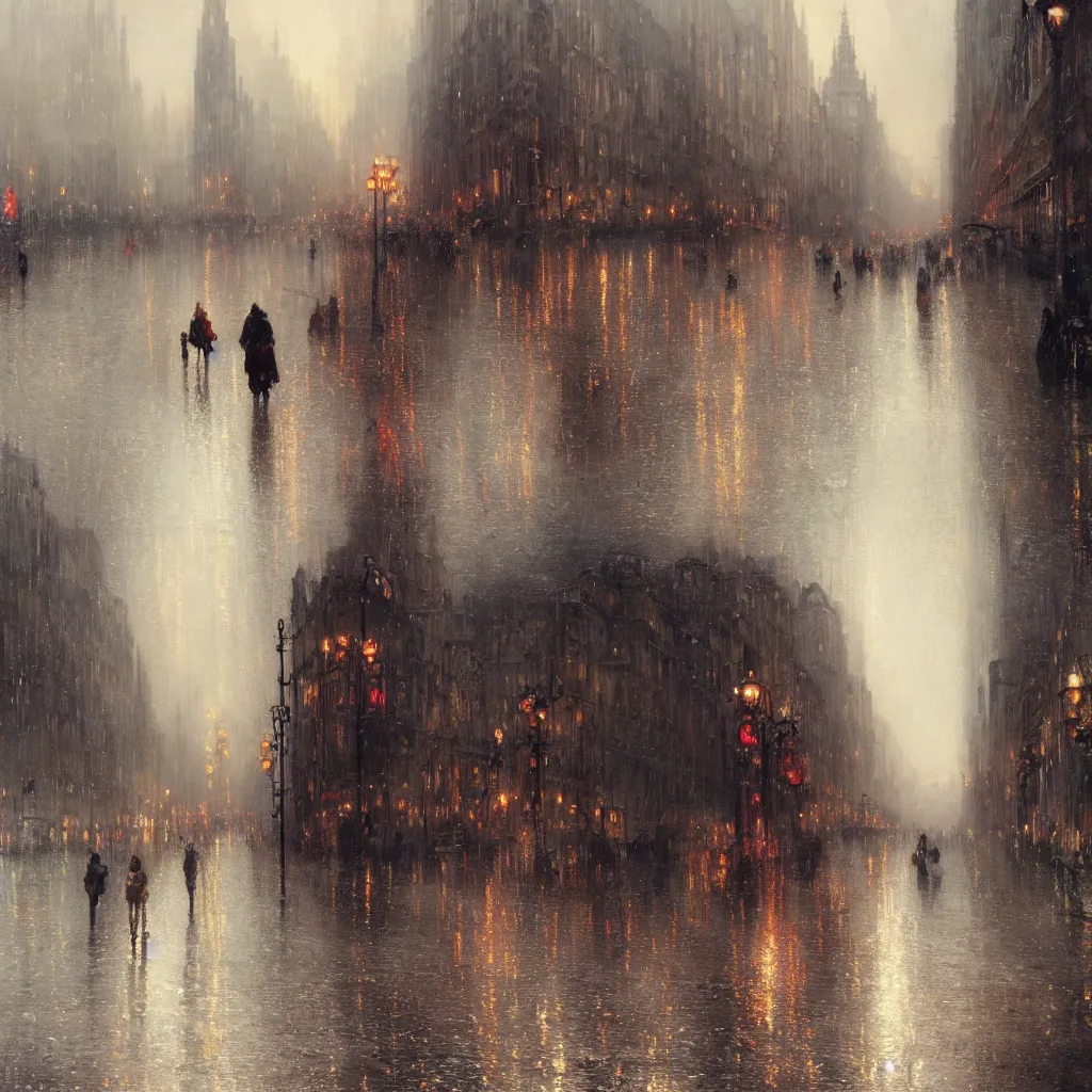 Image similar to a beautifull intricate city, wet sidewalk, people, reflections, raindrops, high details, art by william turner, by greg rutkowski and by alphonse mucha, trending on artstation, extremely detailed, masterpiece