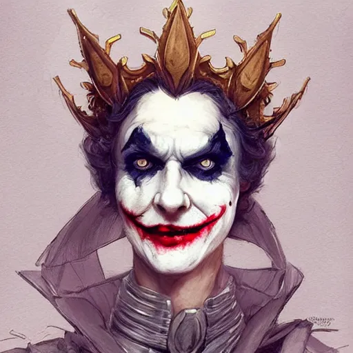 Image similar to joker as an attractive mature smiling woman wearing a mushroom crown and heavy armoured wedding dress, face portrait, hd shot, digital portrait, elegant, beautiful, fantasy art, artstation, comic style, by artgerm, guy denning, jakub rozalski, magali villeneuve and charlie bowater