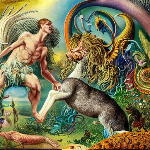 Prompt: strange mythical beasts of whimsy, surreal oil painting by ronny khalil and johfra, drawn by ernst haeckel, as an offering to zeus