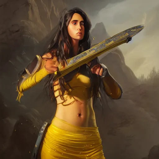 Image similar to a female Kender wearing a yellow jacked aiming her hoopak towards the viewer, oil painting, insanely detailed, Larry Elmore, Greg Rutkowski, Charlie Bowater, Fantasy Art, Dungeons and Dragons, Dragonlance Illustration, unreal 5, DAZ, hyperrealistic, octane render, RPG portrait, dynamic lighting, fantasy art, beautiful face