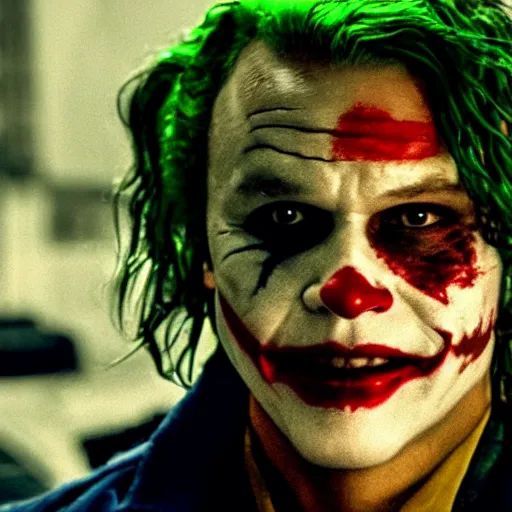 Image similar to heath ledger joker and margot robbie as harley quinn, cinematic, close up, anomorphic lens, low lighting