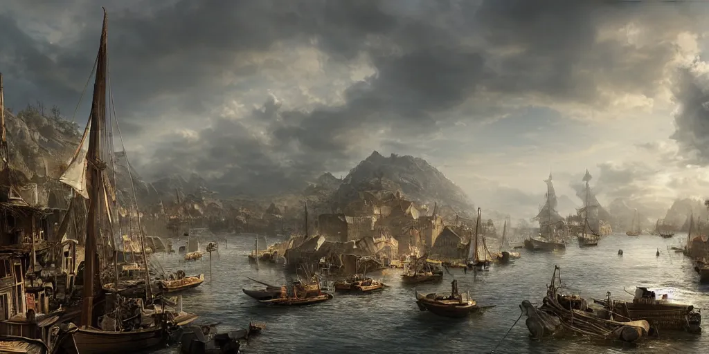 Image similar to beautiful matte painting of a port village by weta workshop 8 k, cinematic dramatic atmosphere, dramatic lighting
