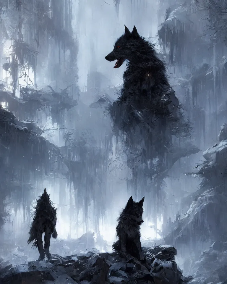 Image similar to a lone wolf stares at us in a nightmare landscape, autumn, white fur, sad, emotive, dramatic lighting, high detail, cinematic, beautiful painting by wadim kashin, ruan jia, android jones, greg rutkowski, artgerm