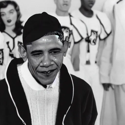 Image similar to riverdale still of obama wearing suspenders, a white varsity sweater with a varsity letter r, and a propeller cap, cap with a propeller on it, 1 9 5 0 s