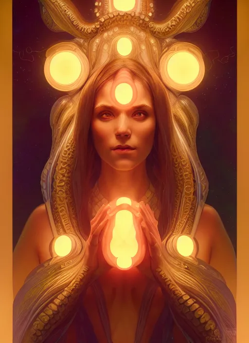 Image similar to symmetry portrait of ursula, octopus, glowing lights, intricate, elegant, highly detailed, digital painting, artstation, concept art, smooth, sharp focus, illustration, art by artgerm and greg rutkowski and alphonse mucha