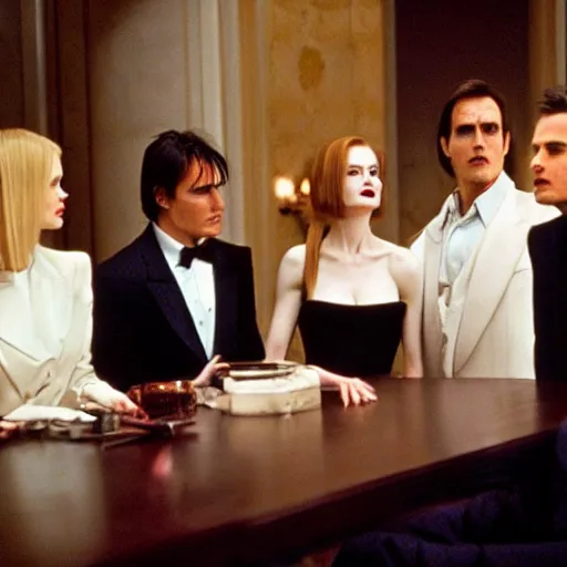 Image similar to Nicole Kidman, Tom Cruise, Johnny Depp, Anne Hathaway, Emmanuel Macron in American Psycho (1999)