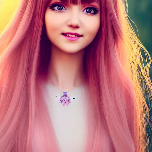 Image similar to beautiful intricate photograph of nikki from shining nikki dress - up game, a cute young woman, light pink hair, long hair with full bangs, full heart - shaped face, amber eye color, pale skin, light blush, chinese heritage,, smiling softly, golden hour, soft focus, 8 k, hyperrealism, hyperdetailed