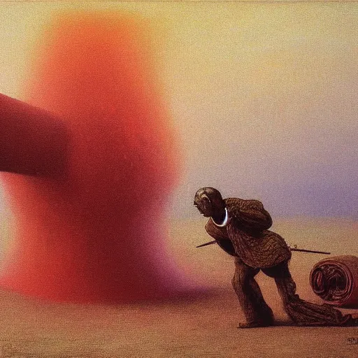 Image similar to cannon firing by Zdzisław Beksiński, oil on canvas