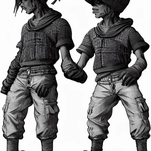 Image similar to rpg character concept art, twin brothers being cute and gangsta, intricate detail, in the style of jamie hewlett kawase hasui riyoko ikeda, 3 d render, artstation trending, 8 k, octane render, photorealistic, sharp detail, manga, black and white