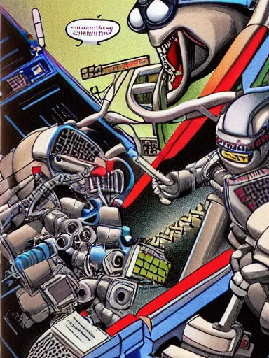 Image similar to full - color 1 9 8 5 anime illustration of the ninja turtles fighting against the terminator endoskeleton inside the cluttered cyberdyne lab. highly - detailed professional art ; high - resolution.