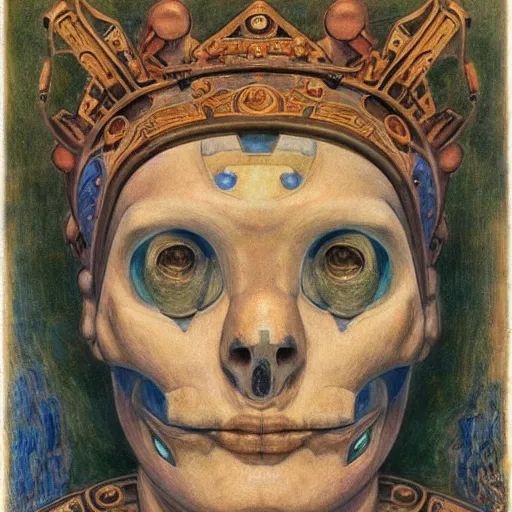 Image similar to grieving android wearing the bone crown, by Annie Swynnerton and Diego Rivera , symbolist, dramatic lighting, elaborate geometric ornament, Art Brut, soft cool colors,smooth, sharp focus, extremely detailed, Adolf Wölfli and (Donato Giancola)