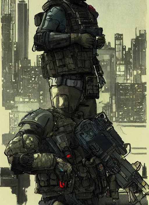 Image similar to Hector. USN blackops operator looking at city skyline. Agent wearing Futuristic stealth suit. rb6s, MGS, and splinter cell Concept art by James Gurney, Alphonso Mucha.