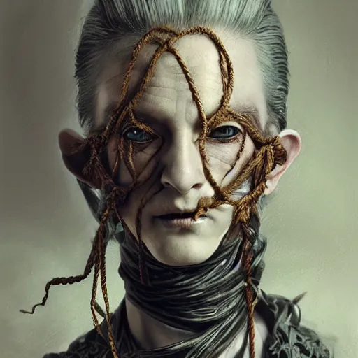 Image similar to portrait of a Shibari rope wrapped face and neck, headshot, insanely nice professional hair style, dramatic hair color, digital painting, of a old 17th century, old cyborg merchant, amber jewels, baroque, ornate clothing, scifi, realistic, hyperdetailed, chiaroscuro, concept art, art by Franz Hals and Jon Foster and Ayami Kojima and Amano and Karol Bak,