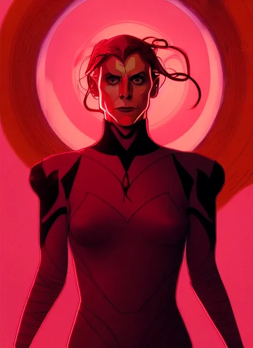 Image similar to Rafeal Albuquerque comic art, Joshua Middleton comic art, cinematics lighting, sunset colors, pretty Kate Mara Enchantress comicbook villain, angry, symmetrical face, symmetrical eyes, full body, flying in the air, night time, red mood in background