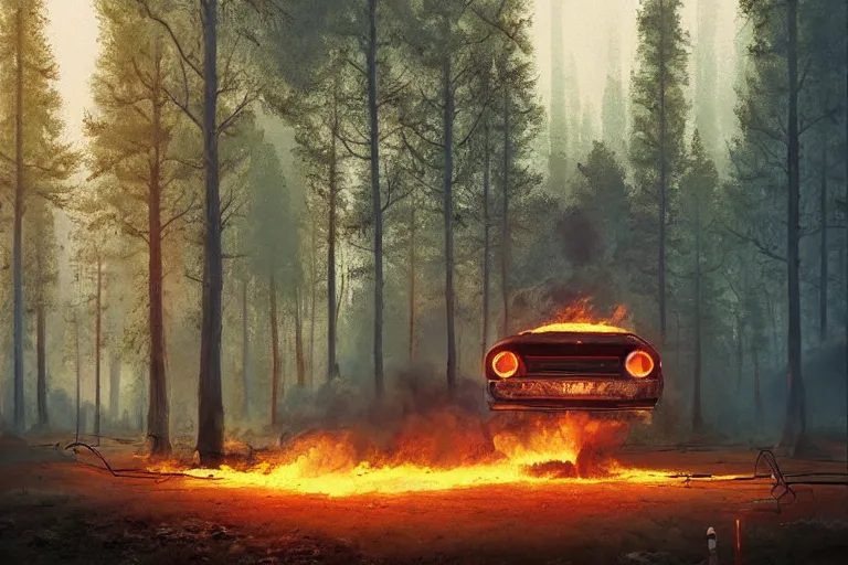 Prompt: burning car standing in a beautiful swedish forest, highly detailed, hyperrealistic, very sharp focus, intricate, soft lighting, wide shot photograph, digital painting by simon stålenhag