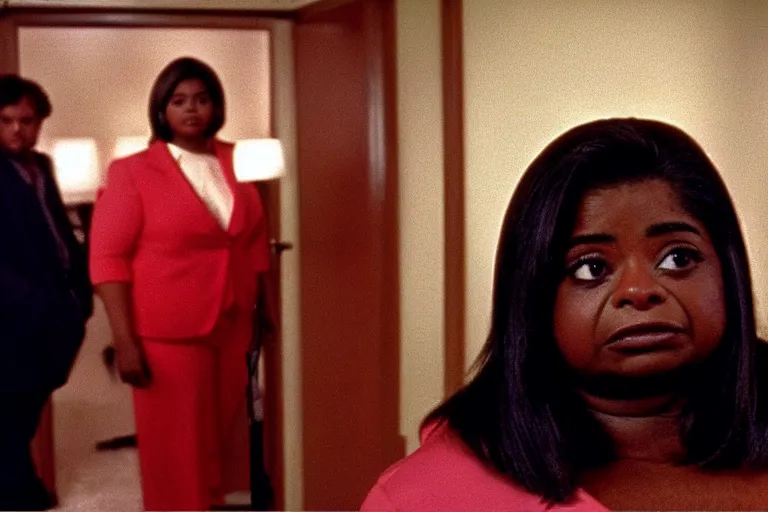 Image similar to cinematic shot from a 1 9 8 5 paranoid thriller, screenshot of octavia spencer confronts at senator joe manchin's ear, in the near future, motel room film directed by stanley kubrick, color theory, anamorphic lenses, beautiful cinematography, leading lines, photorealistic, volumetric lighting, 4 k