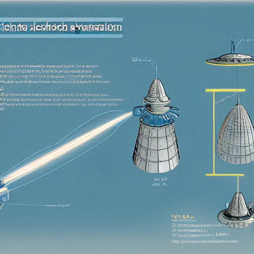 Image similar to a highly detailed technical schematic, blue - print, of a ufo propulsion system, for dummies, english texts, anti - gravity