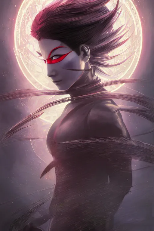 Prompt: beautiful Ninjutsu and evil and gorgerous and mythical female ninja portrait+shiny eyes+light flowing hair, in Ninja Mudra night ruin tokyo temple, ultradetail face, art and illustration by tian zi and craig mullins and WLOP and alphonse mucha, rim lght, fantasy, intricate complexity, human structure, fantasy world concept, watermark, blurry, hyperrealism 8k