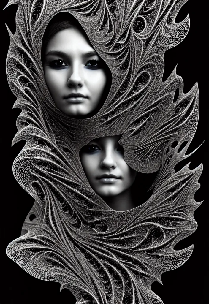 Prompt: young beautiful woman with a face covering fractal, mandelbulb mask. speed painting, scribble art. black and white, black on black. intricate, elegant, super highly detailed, professional digital painting, smooth, 8k, 3D, beautiful, cinematic. art deco, futurism, 3D, Unreal Engine, photorealistic.