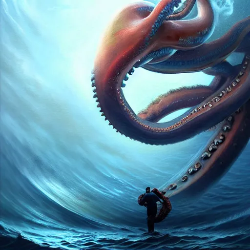 Image similar to a dream fantasy painting of a a man fighting a giant octopus in the deep of the ocean, by beksinki, giger, greg rutkowski, carne griffith trending on artstation, deviantart, photorealism