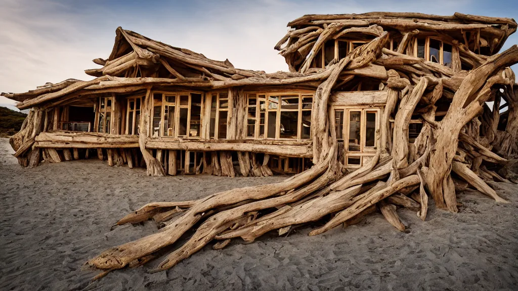 Prompt: architectural photography of a house made of driftwood, natural and organic and flowing, on the coast, wide angle, shot from a low angle, great lighting, cinematic.