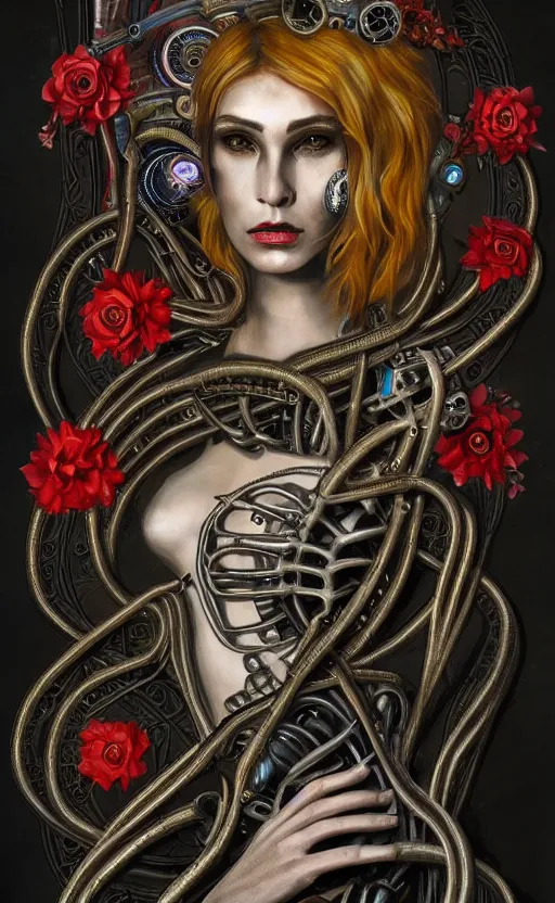 Prompt: beautiful painting of a snake-headed woman surrounded by mechanical flowers in the style of Welder Wings and H. R. Giger. Dark background, detailed, trending on Artstation