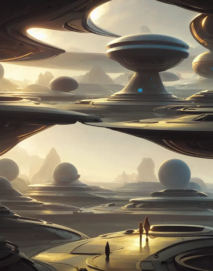 Prompt: futuristic landing pods houses area in an alien flat plain. futuristic Rounded metal houses. Fantastic landscape. Magic Altar in the fores, highly detailed, digital painting, artstation, concept art, smooth, sharp focus, illustration, art by artgerm and greg rutkowski and alphonse mucha