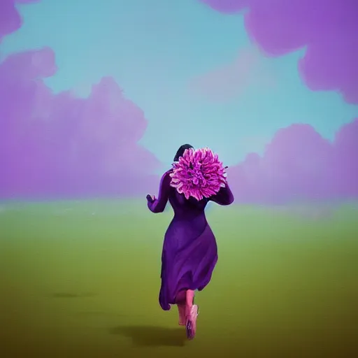 Image similar to portrait, giant purple dahlia flower head, woman running at orange beach, surreal photography, sunrise, blue sky, dramatic light, impressionist painting, digital painting, artstation, simon stalenhag