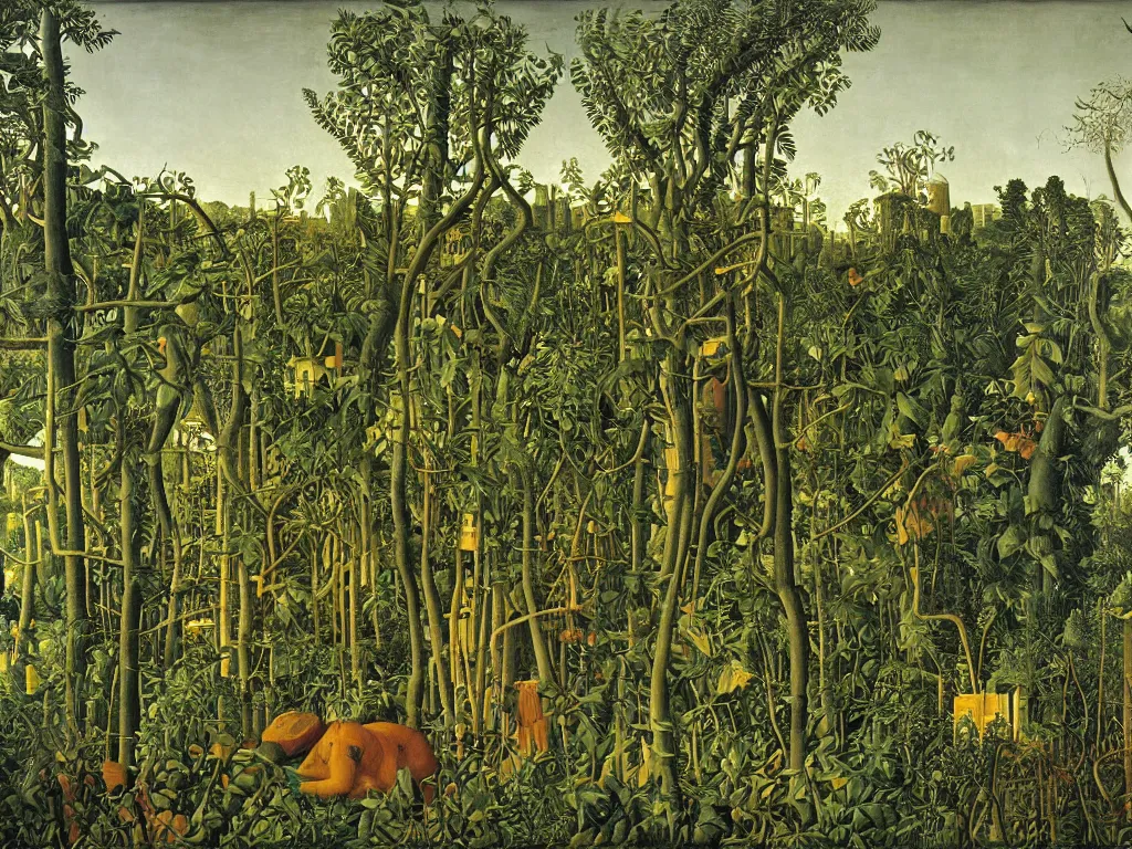 Prompt: Apocalypse with vegetation, leaves, creepers, ivy, ferns taking over the industrial metropolis, toxic, machinery, factory. Thunderstorm, autumn light. Painting by Giovanni Bellini, Henri Rousseau, Escher