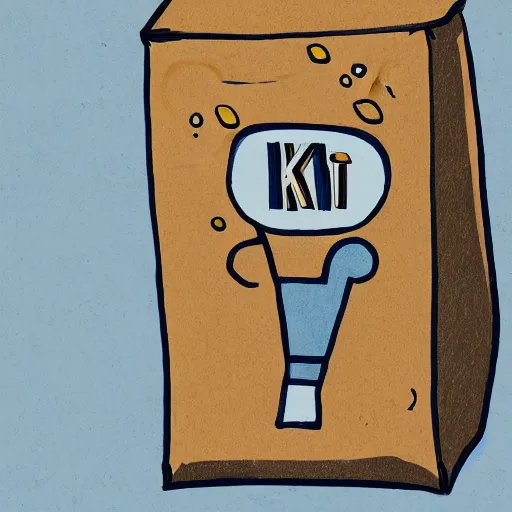 Prompt: a hand drawn illustration of a living box of KD holding a cup of coffee