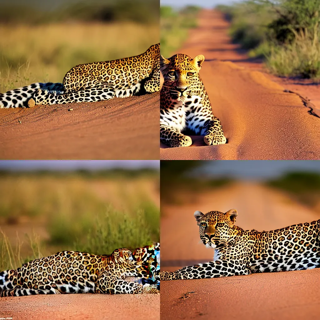 Prompt: leopard lying in the dirt road, Savannah grass bushveld, professional wildlife photography, national geographic, award-winning photo, Canon EF 600mm f4 L lens