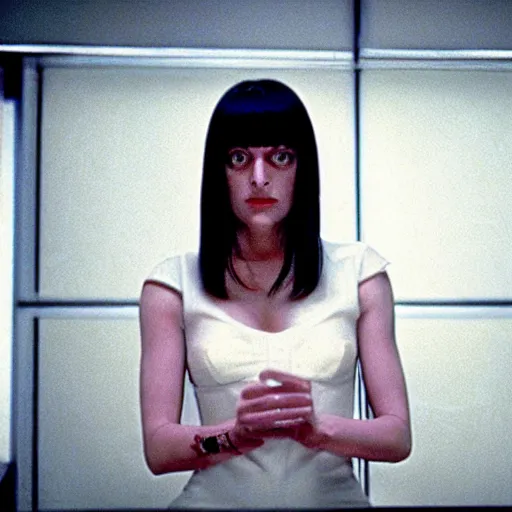 Image similar to movie still of robot mia wallace, cinematic composition, cinematic light, criterion collection, by edgar wright