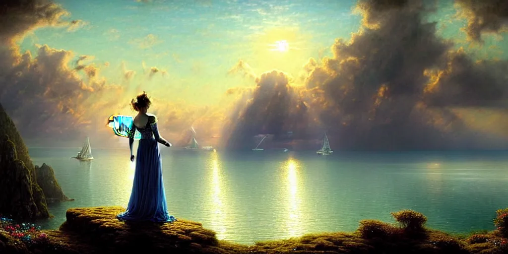 Image similar to an elegant fairy queen in a blue lace dress dancing looking out at a lord of the rings scenery landscape, staring across the sea at a sail boat, sunrise, god's rays highly detailed, vivid colour, soft clouds, floral sunset, cinematic lighting, perfect composition, gustave dore, derek zabrocki, greg rutkowski, belsinski